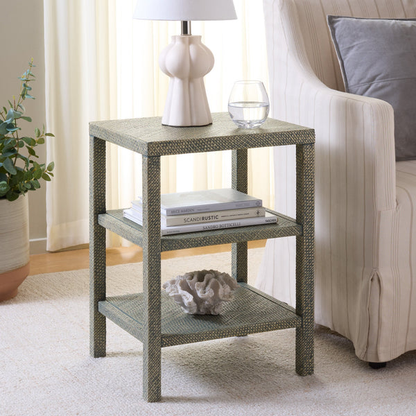 Apis Raffia 2 Shelf Accent Table – Coastal Bayur Wood & Woven Pandan Design With Compact Versatile Storage