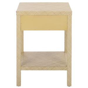 Apis Raffia Accent Table With Drawer & Shelf — Handwoven Pandan Texture, Compact Coastal Style