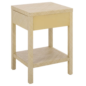 Apis Raffia Accent Table With Drawer & Shelf — Handwoven Pandan Texture, Compact Coastal Style