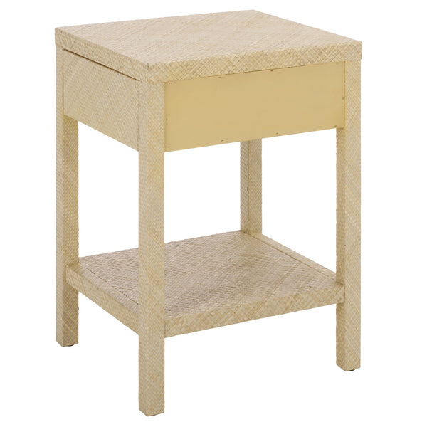 Apis Raffia Accent Table With Drawer & Shelf — Handwoven Pandan Texture, Compact Coastal Style