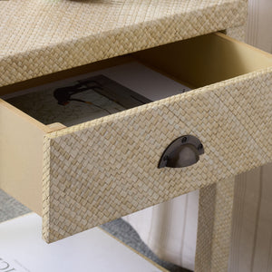 Apis Raffia Accent Table With Drawer & Shelf — Handwoven Pandan Texture, Compact Coastal Style