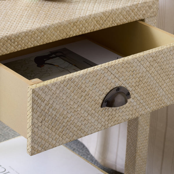 Apis Raffia Accent Table With Drawer & Shelf — Handwoven Pandan Texture, Compact Coastal Style