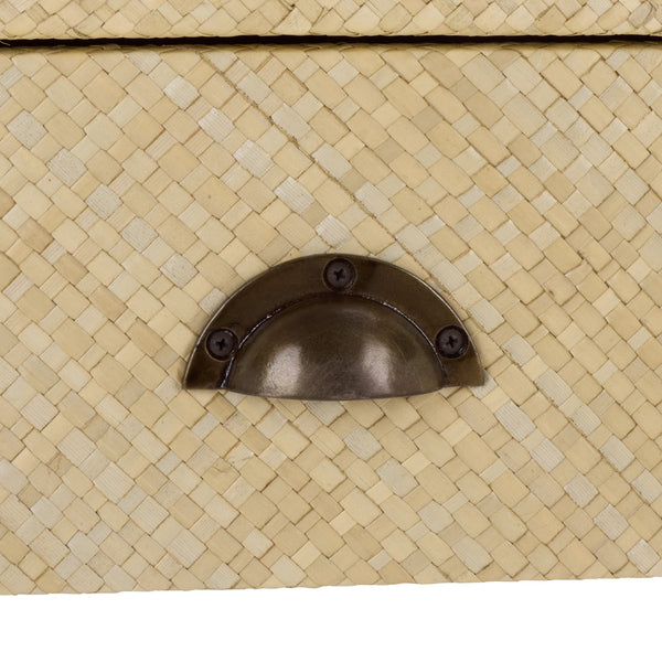 Apis Raffia Accent Table With Drawer & Shelf — Handwoven Pandan Texture, Compact Coastal Style