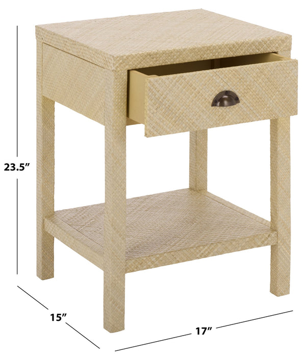 Apis Raffia Accent Table With Drawer & Shelf — Handwoven Pandan Texture, Compact Coastal Style