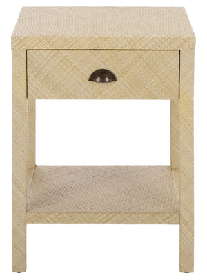 Apis Raffia Accent Table With Drawer & Shelf — Handwoven Pandan Texture, Compact Coastal Style