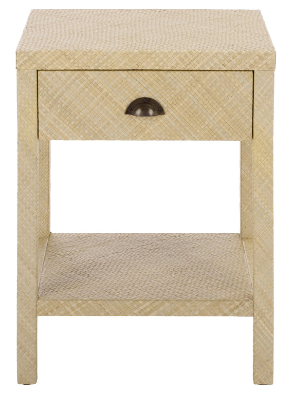 Apis Raffia Accent Table With Drawer & Shelf — Handwoven Pandan Texture, Compact Coastal Style
