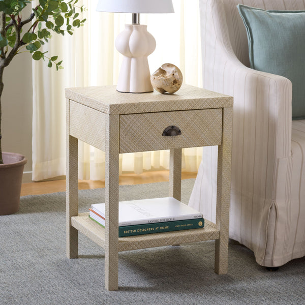 Apis Raffia Accent Table With Drawer & Shelf — Handwoven Pandan Texture, Compact Coastal Style
