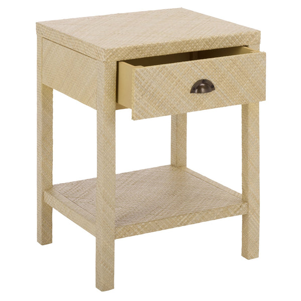 Apis Raffia Accent Table With Drawer & Shelf — Handwoven Pandan Texture, Compact Coastal Style