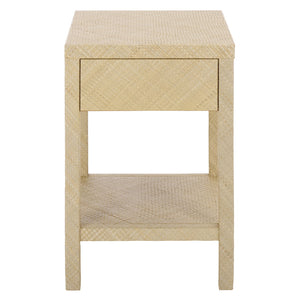 Apis Raffia Accent Table With Drawer & Shelf — Handwoven Pandan Texture, Compact Coastal Style