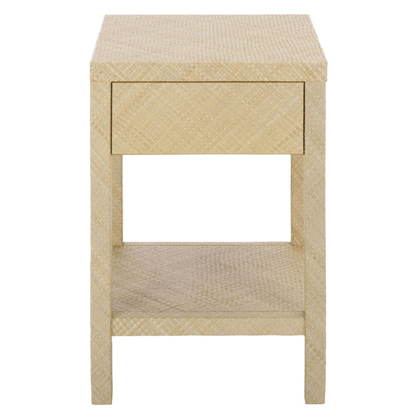 Apis Raffia Accent Table With Drawer & Shelf — Handwoven Pandan Texture, Compact Coastal Style