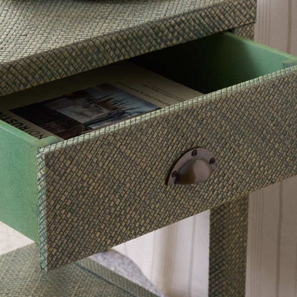 Apis Raffia Accent Table With Drawer & Shelf — Handwoven Pandan Texture, Compact Coastal Style