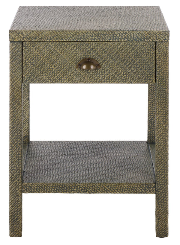Apis Raffia Accent Table With Drawer & Shelf — Handwoven Pandan Texture, Compact Coastal Style
