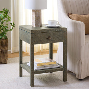 Apis Raffia Accent Table With Drawer & Shelf — Handwoven Pandan Texture, Compact Coastal Style