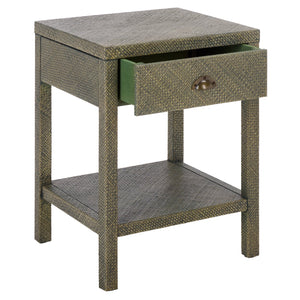 Apis Raffia Accent Table With Drawer & Shelf — Handwoven Pandan Texture, Compact Coastal Style
