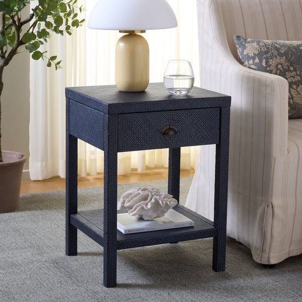 Apis Raffia Accent Table With Drawer & Shelf — Handwoven Pandan Texture, Compact Coastal Style