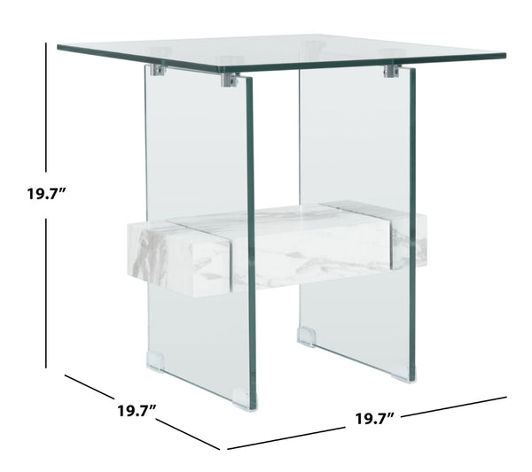 Safavieh Kayley Accent Table - Museum-Inspired Minimalist Design With Crystal-Clear Top And Natural Wood Shelf Glass/Faux White Marble Shelf ACC7001C