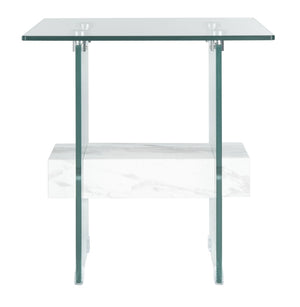Safavieh Kayley Accent Table - Museum-Inspired Minimalist Design With Crystal-Clear Top And Natural Wood Shelf Glass/Faux White Marble Shelf ACC7001C