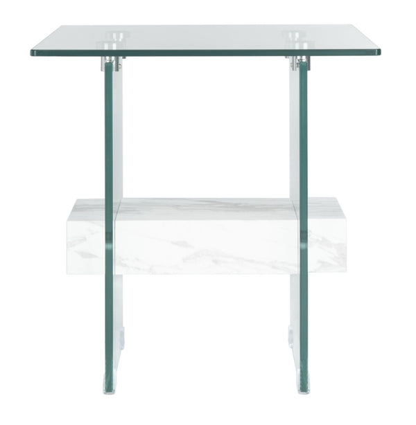 Safavieh Kayley Accent Table - Museum-Inspired Minimalist Design With Crystal-Clear Top And Natural Wood Shelf Glass/Faux White Marble Shelf ACC7001C