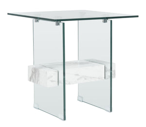 Safavieh Kayley Accent Table - Museum-Inspired Minimalist Design With Crystal-Clear Top And Natural Wood Shelf Glass/Faux White Marble Shelf ACC7001C