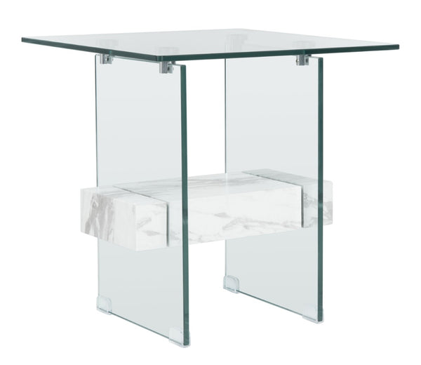 Safavieh Kayley Accent Table - Museum-Inspired Minimalist Design With Crystal-Clear Top And Natural Wood Shelf Glass/Faux White Marble Shelf ACC7001C