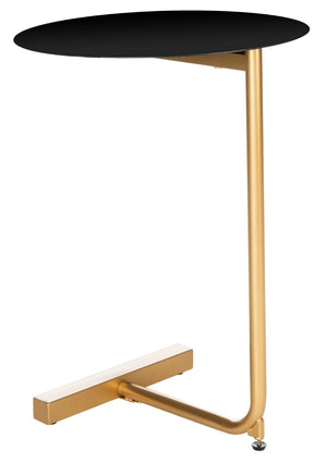 Safavieh Haylee Glamorous C-Shaped Side Table With Black Round Top & Polished Gold Base For Modern Decor ACC8002A