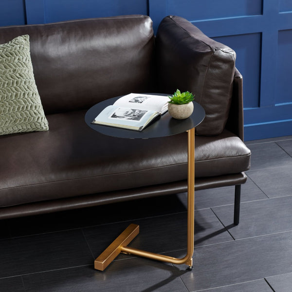 Safavieh Haylee Glamorous C-Shaped Side Table With Black Round Top & Polished Gold Base For Modern Decor ACC8002A