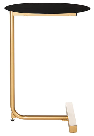 Safavieh Haylee Glamorous C-Shaped Side Table With Black Round Top & Polished Gold Base For Modern Decor ACC8002A