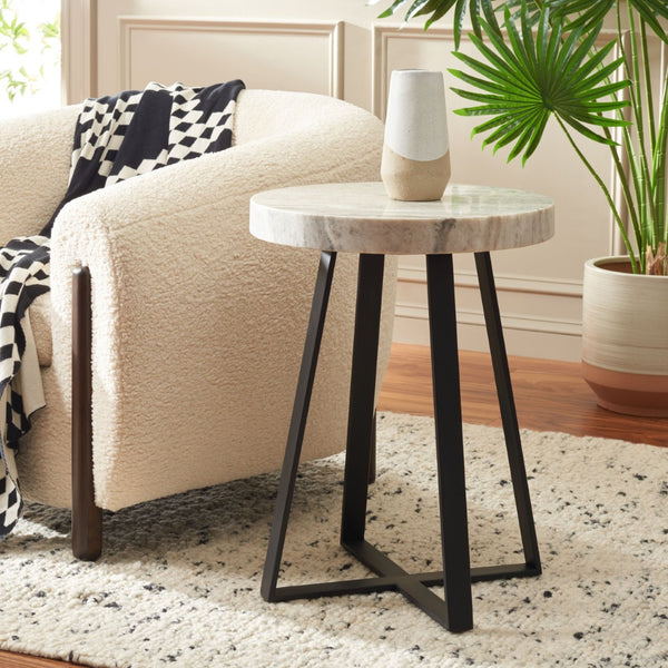 Safavieh Guenon Round Accent Table - Stylish Modern Design With Sleek Tapered Legs For Elegant Living Spaces Sand Brown Marble / Black ACC9801B