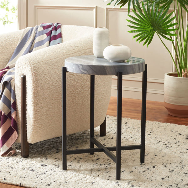 Safavieh Gustavia Round Accent Table - Modern Grey Marble Top With Sleek Black Metal Base For Stylish Decor ACC9805A