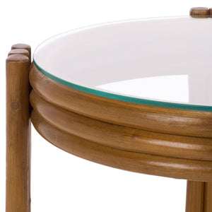 Bilian Round Accent Table With Tempered Glass Top — Rattan Craftsmanship, Compact Side Table For Versatile Styling