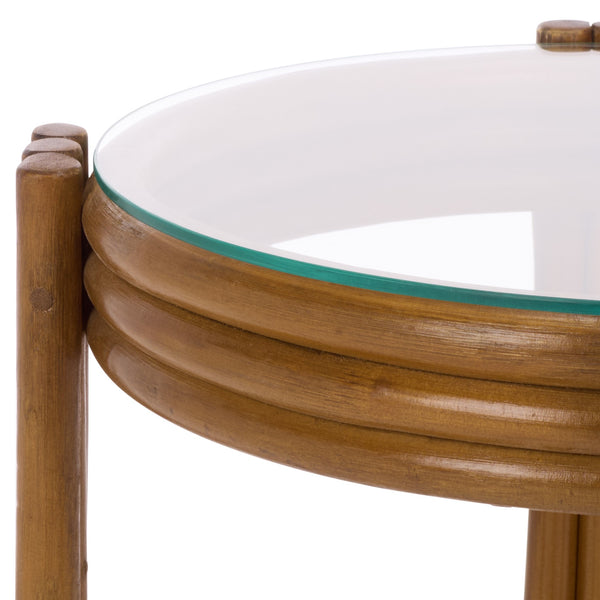 Bilian Round Accent Table With Tempered Glass Top — Rattan Craftsmanship, Compact Side Table For Versatile Styling