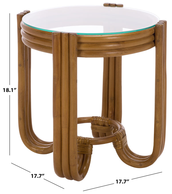 Bilian Round Accent Table With Tempered Glass Top — Rattan Craftsmanship, Compact Side Table For Versatile Styling