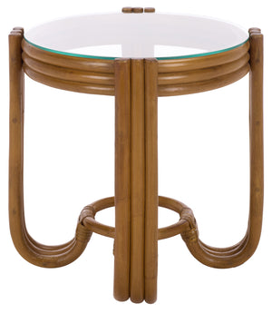 Bilian Round Accent Table With Tempered Glass Top — Rattan Craftsmanship, Compact Side Table For Versatile Styling