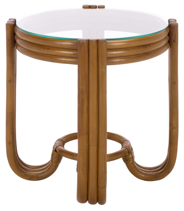 Bilian Round Accent Table With Tempered Glass Top — Rattan Craftsmanship, Compact Side Table For Versatile Styling