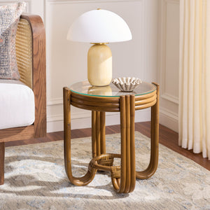 Bilian Round Accent Table With Tempered Glass Top — Rattan Craftsmanship, Compact Side Table For Versatile Styling