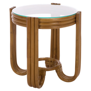 Bilian Round Accent Table With Tempered Glass Top — Rattan Craftsmanship, Compact Side Table For Versatile Styling