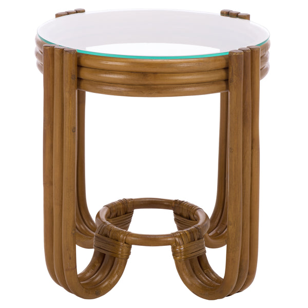 Bilian Round Accent Table With Tempered Glass Top — Rattan Craftsmanship, Compact Side Table For Versatile Styling