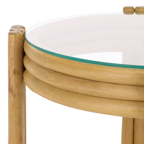 Bilian Round Accent Table With Tempered Glass Top — Rattan Craftsmanship, Compact Side Table For Versatile Styling