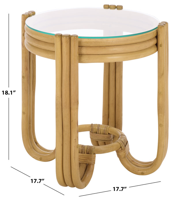 Bilian Round Accent Table With Tempered Glass Top — Rattan Craftsmanship, Compact Side Table For Versatile Styling