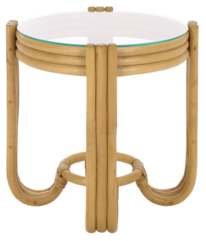 Bilian Round Accent Table With Tempered Glass Top — Rattan Craftsmanship, Compact Side Table For Versatile Styling