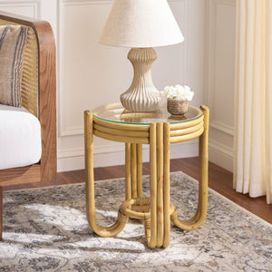 Bilian Round Accent Table With Tempered Glass Top — Rattan Craftsmanship, Compact Side Table For Versatile Styling