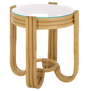 Bilian Round Accent Table With Tempered Glass Top — Rattan Craftsmanship, Compact Side Table For Versatile Styling