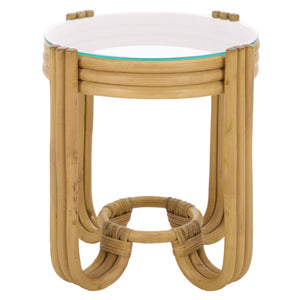 Bilian Round Accent Table With Tempered Glass Top — Rattan Craftsmanship, Compact Side Table For Versatile Styling