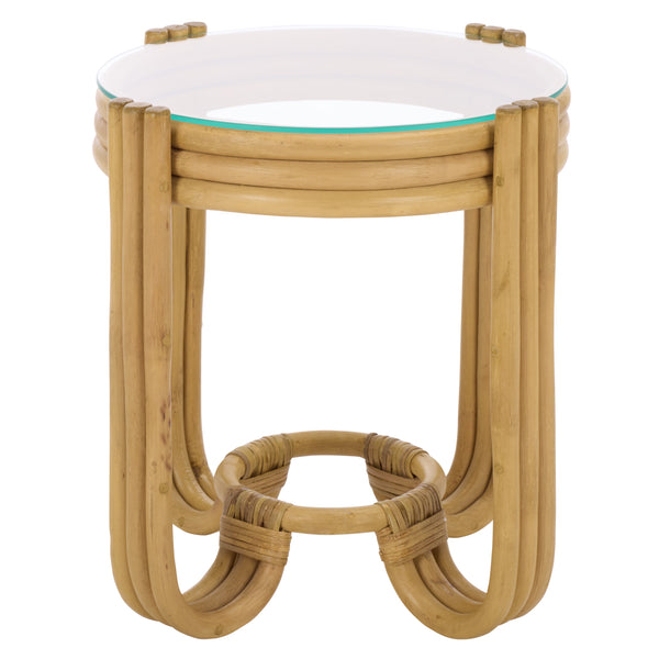 Bilian Round Accent Table With Tempered Glass Top — Rattan Craftsmanship, Compact Side Table For Versatile Styling