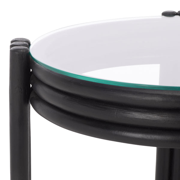 Bilian Round Accent Table With Tempered Glass Top — Rattan Craftsmanship, Compact Side Table For Versatile Styling