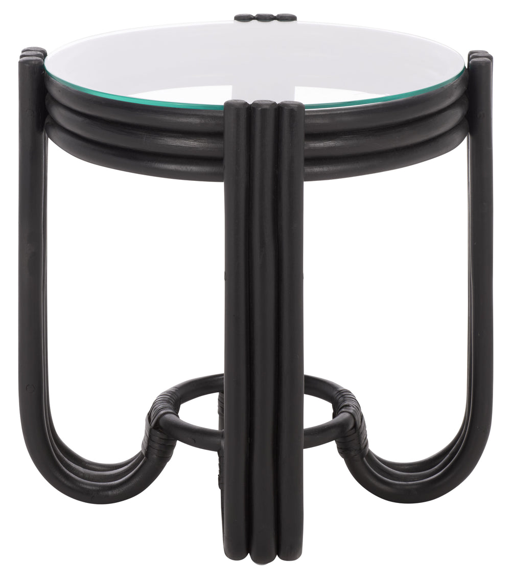 Bilian Round Accent Table With Tempered Glass Top — Rattan Craftsmanship, Compact Side Table For Versatile Styling