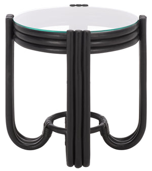 Bilian Round Accent Table With Tempered Glass Top — Rattan Craftsmanship, Compact Side Table For Versatile Styling