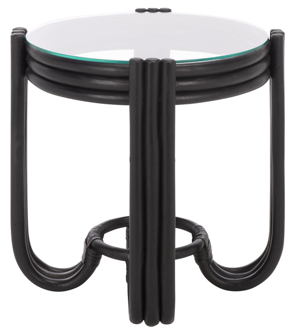Bilian Round Accent Table With Tempered Glass Top — Rattan Craftsmanship, Compact Side Table For Versatile Styling