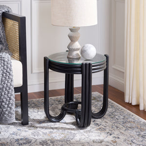 Bilian Round Accent Table With Tempered Glass Top — Rattan Craftsmanship, Compact Side Table For Versatile Styling