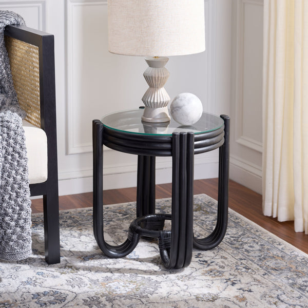 Bilian Round Accent Table With Tempered Glass Top — Rattan Craftsmanship, Compact Side Table For Versatile Styling